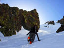 Booting up the central couloir, which branches off from the Crescent partway up.