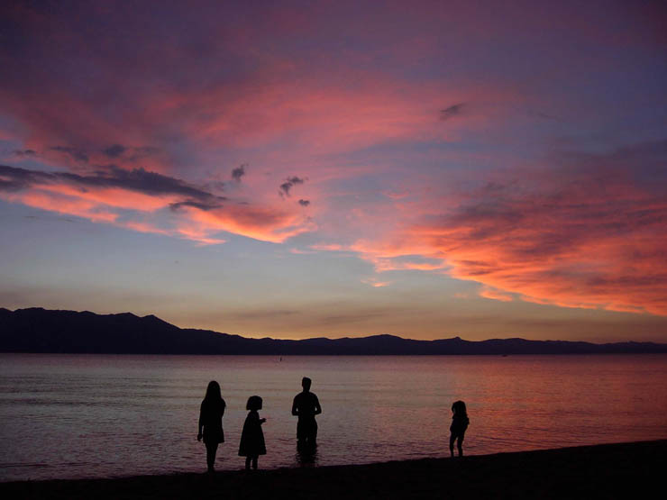 Family in Lake Tahoe at sunset